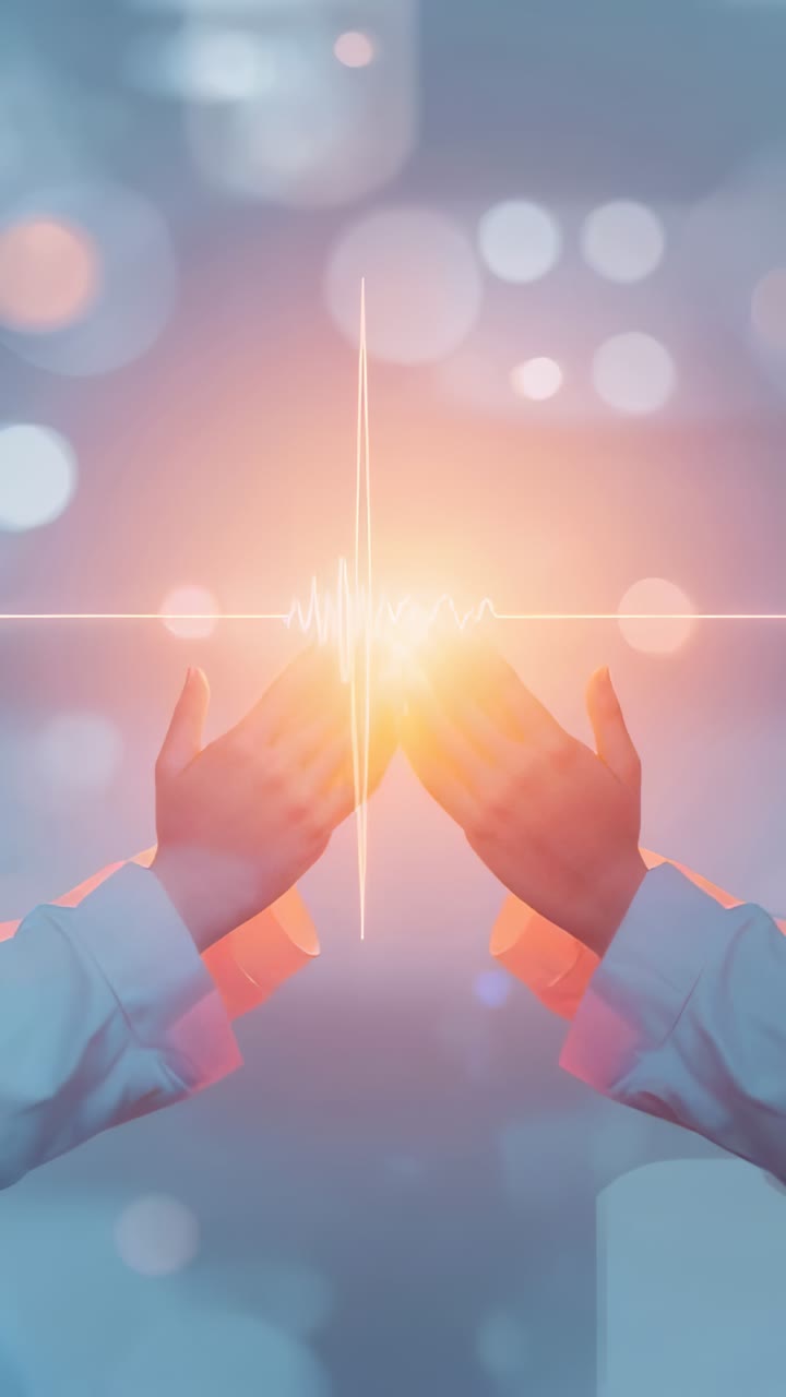 Vertical video: Crossing waveform, hands cradling pulsing golden orb at pastel bokeh, white cuffs