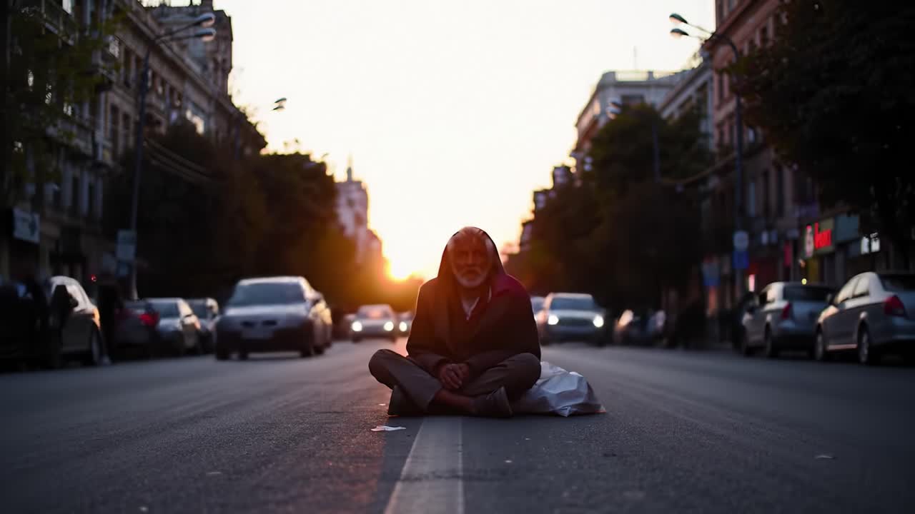 An elderly man sits cross-legged in the middle of a city street as cars and pedestrians pass by. The sunset creates a beautiful golden light, highlighting the urban setting.