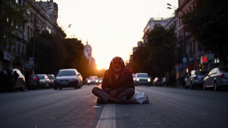 an elderly man sits cross-legged in the middle of a city street as cars and pedestrians pass by. the sunset creates a beautiful golden light, highlighting the urban setting.