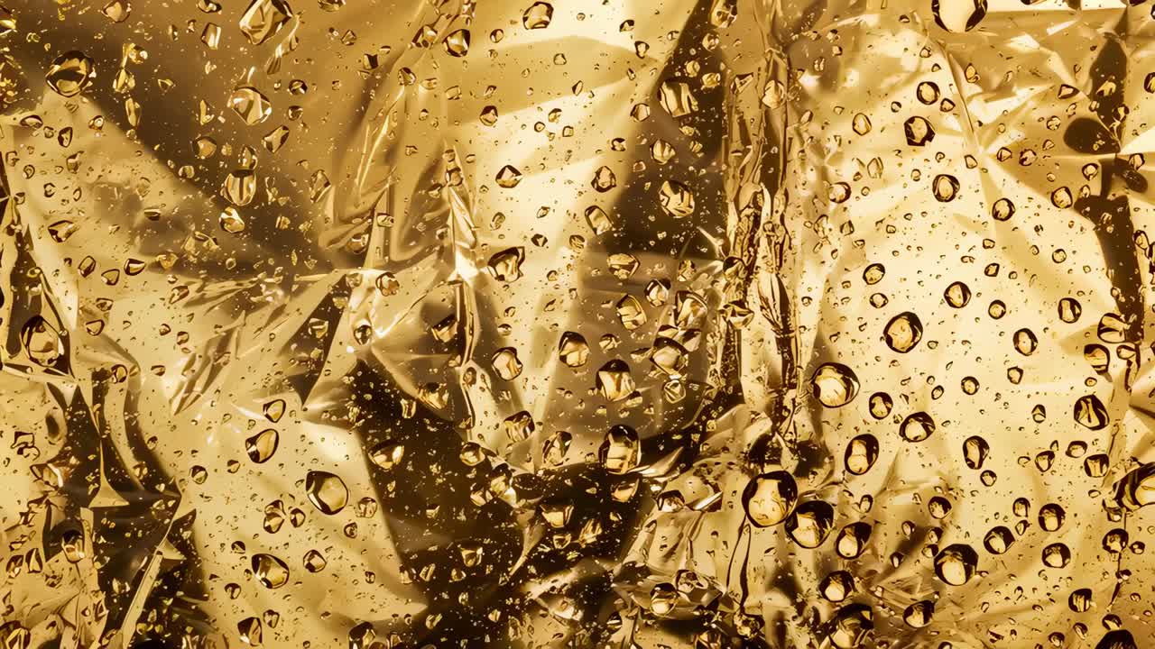 Movimento orizzontale della telecamera su lamina d'oro e gocce d'acqua in uno studio caldo, che mostra una piega verticale