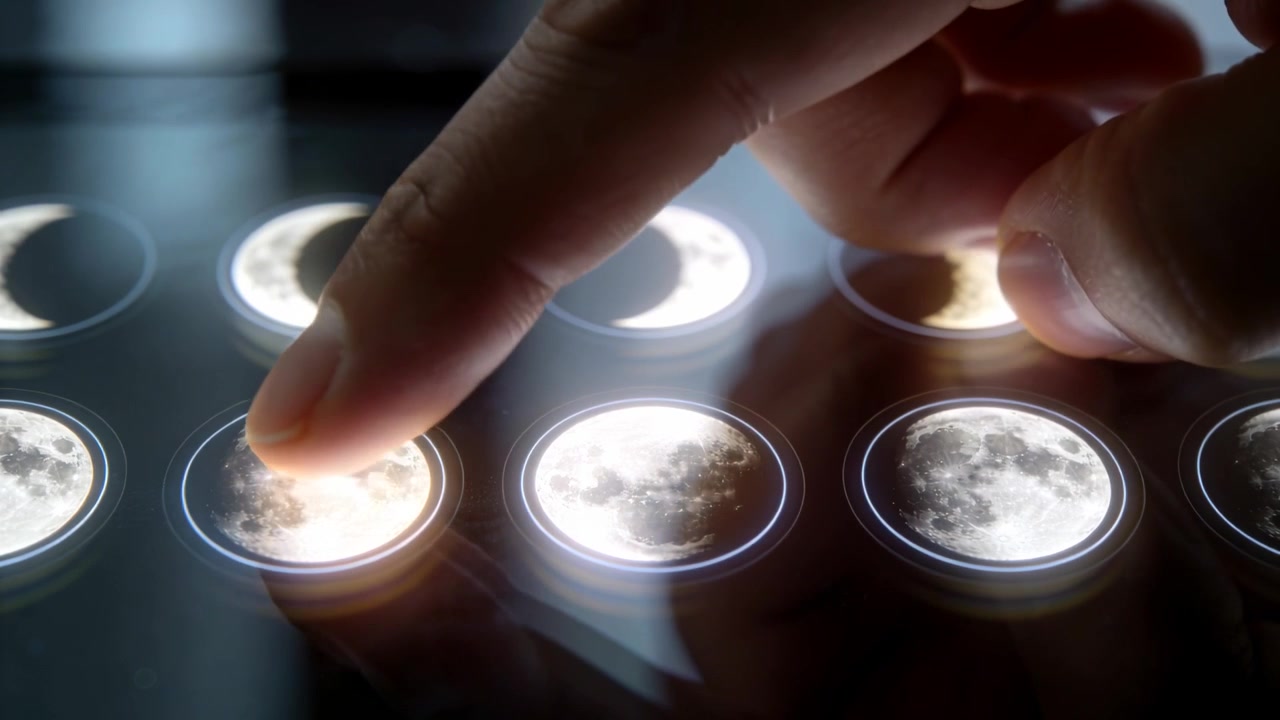 Approaching right fingertip pressing near-full moon icon on touch panel 3x3 grid, selecting phases