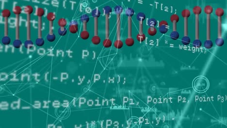 Animation-of-dna-strand-and-data-processing-over-green-background