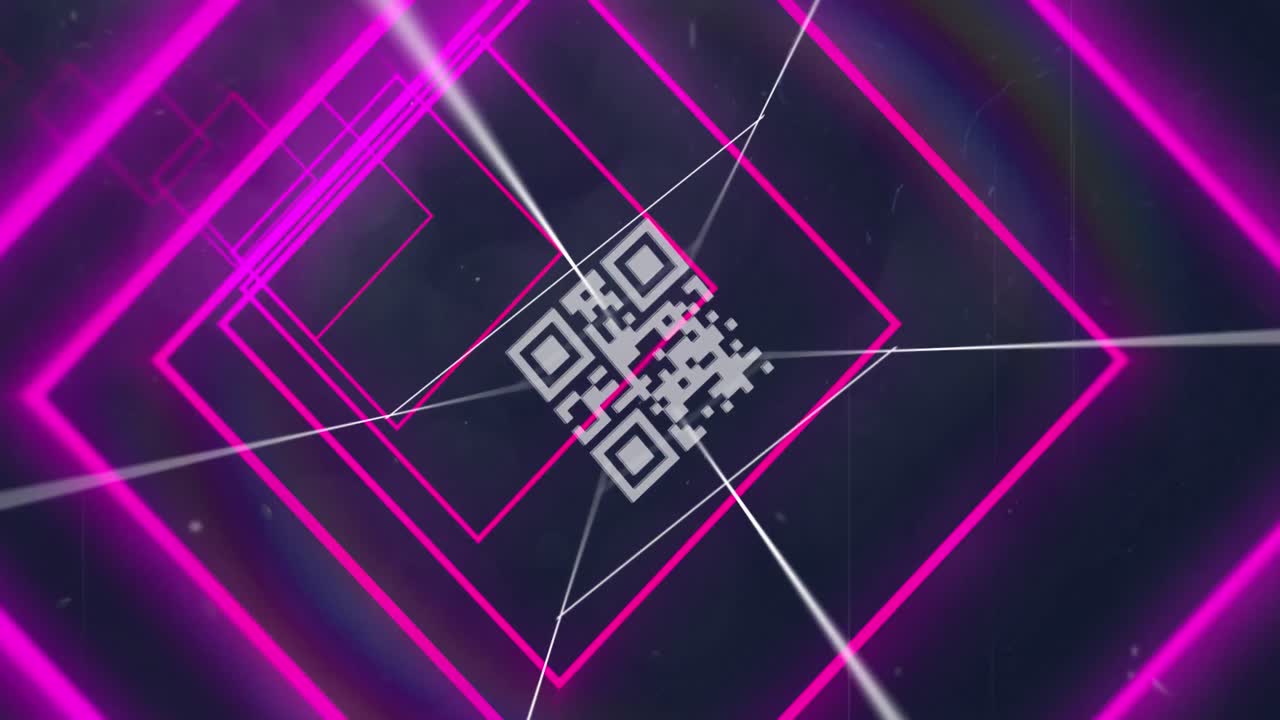 Animation of pink neon geometrical shapes over colorful qr codes