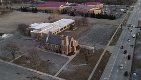 iconic church building in usa, aerial orbit hyper lapse view