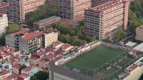 rooftop football field, mexico city, aerial view
