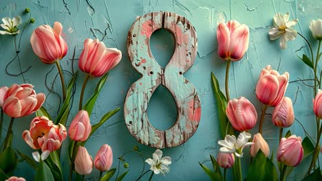 international women's day: rustic number 8 with pink tulips