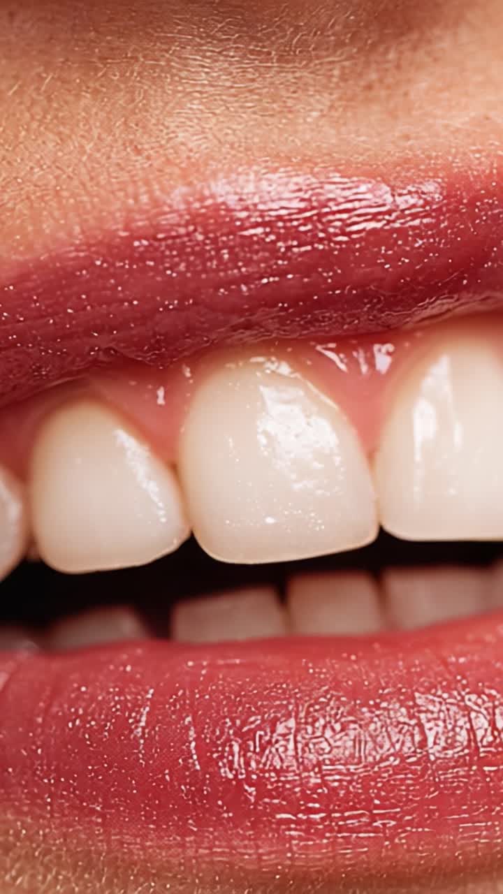 A Close-Up Perspective of Beautiful Lips with Glossy Finish and Well-Cared-For Teeth, Emphasizing Texture and Natural Beauty in a Soft Lighting Environment