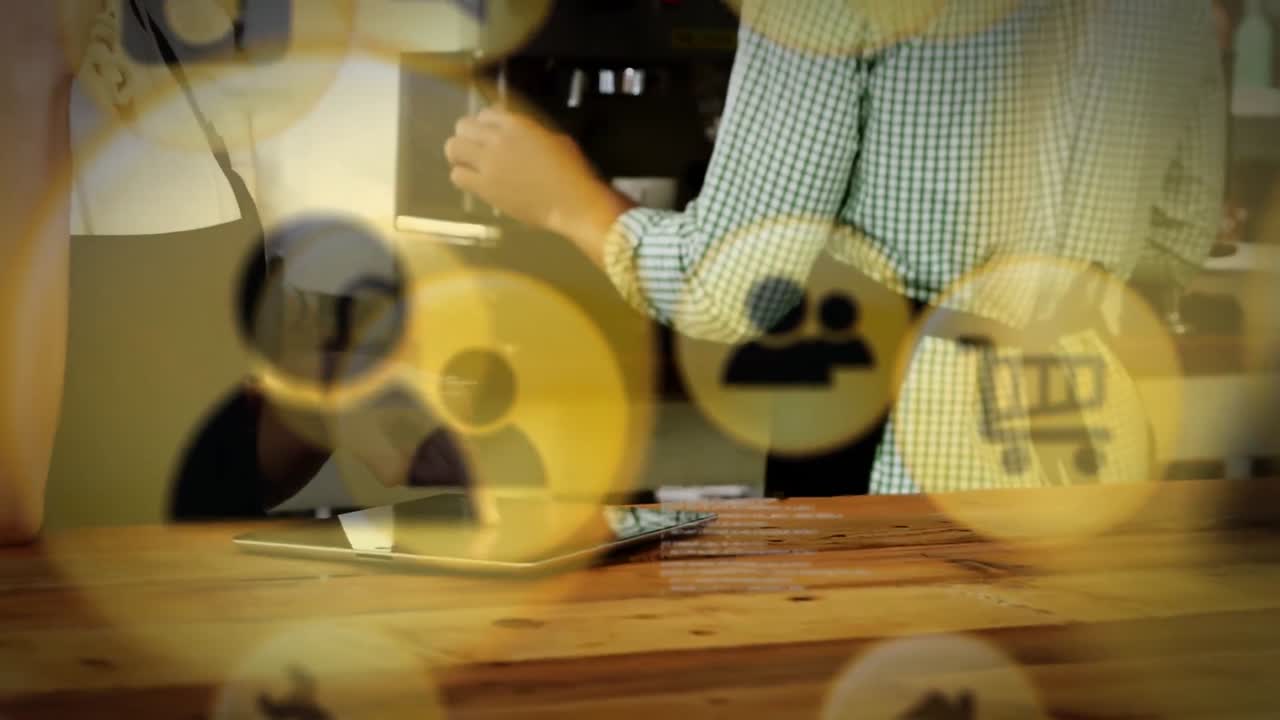 animación de iconos tecnológicos sobre las manos de diversas baristas haciendo café