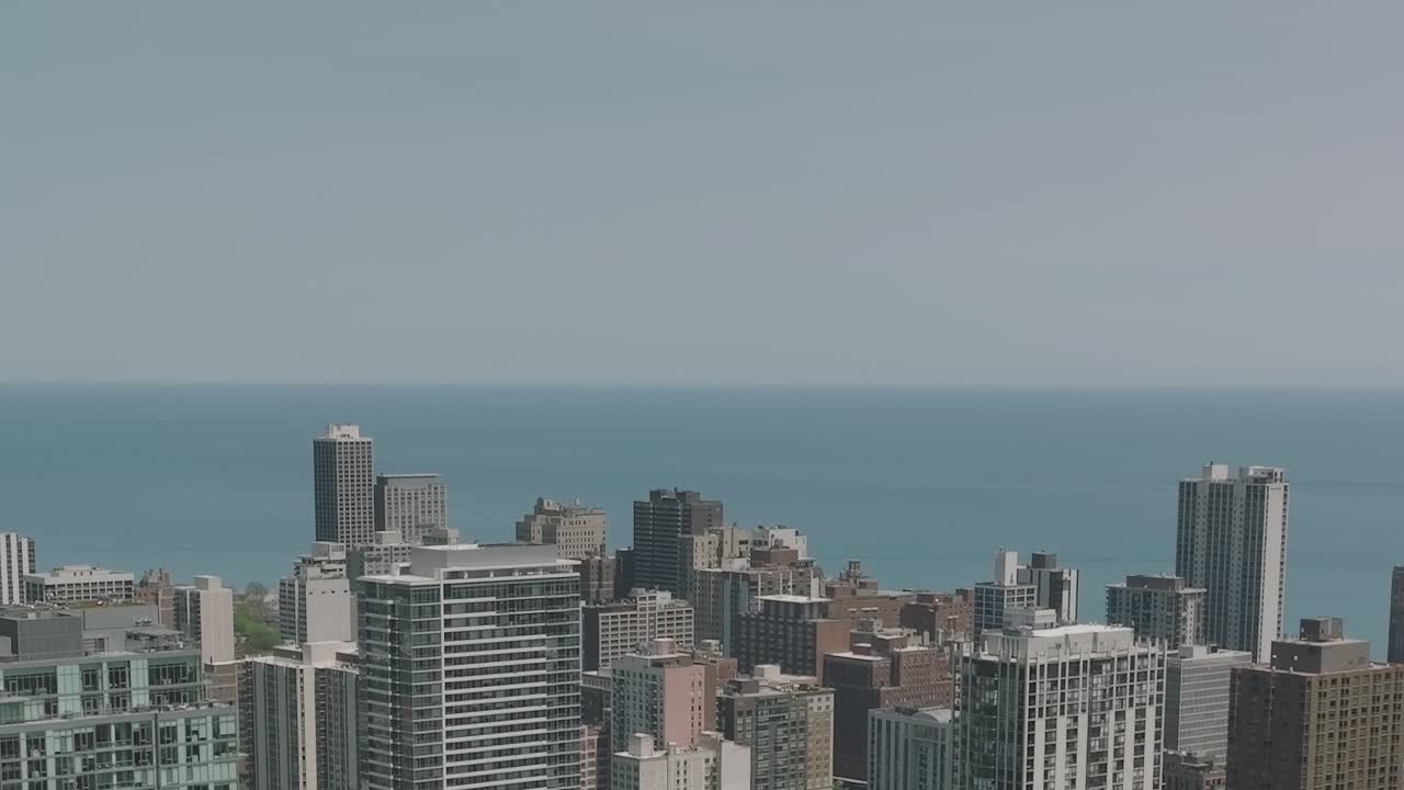 Chicago skyline view from above with calm lake in the background