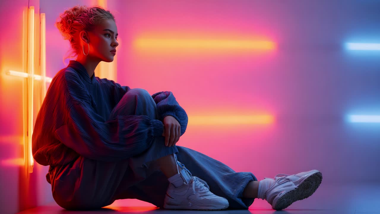A Young Woman in Casual Attire Posed Stylishly Against Vibrant Neon Lights, Capturing a Mood of Calmness and Reflection During an Artistic Photoshoot