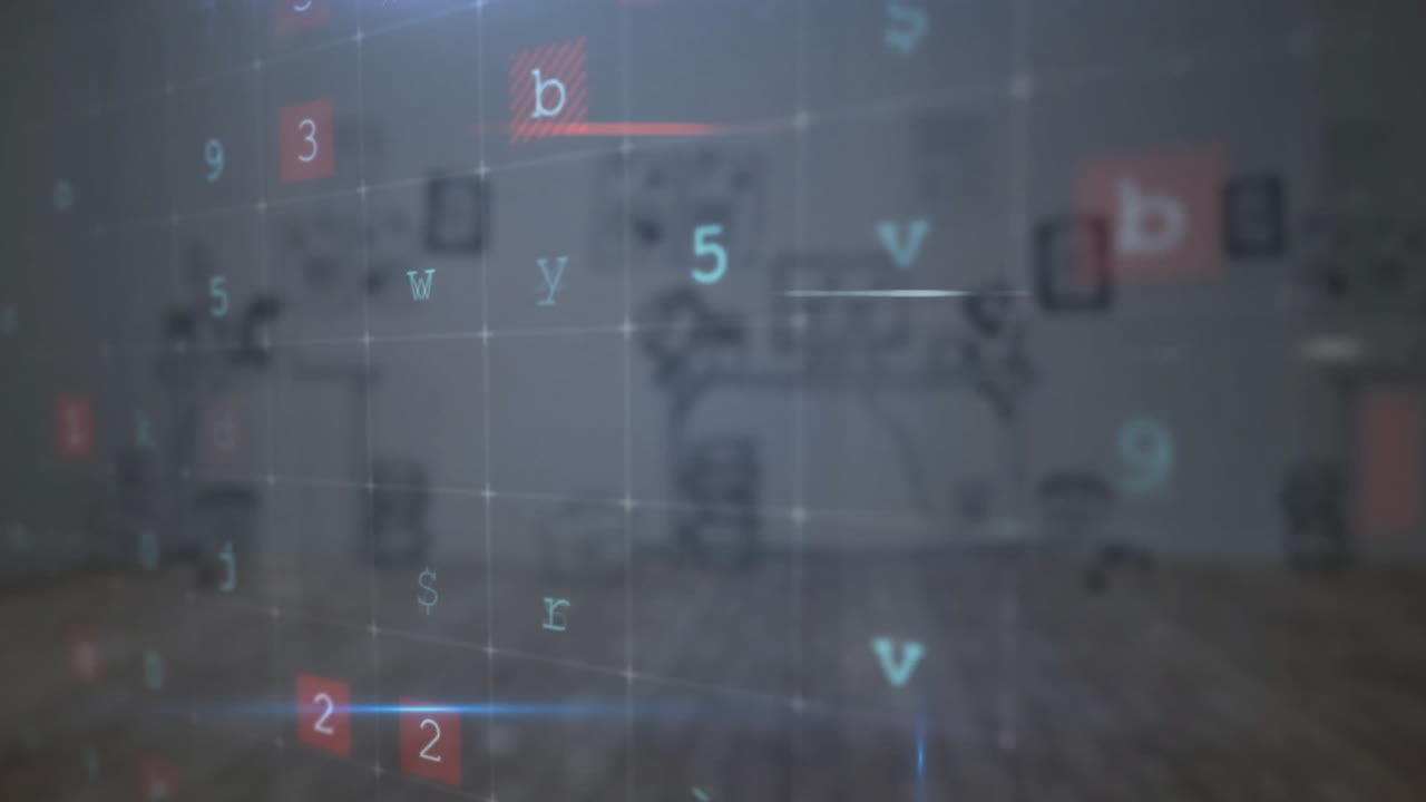 animación de texto de advertencia sobre símbolos y números digitales en patrón de cuadrícula