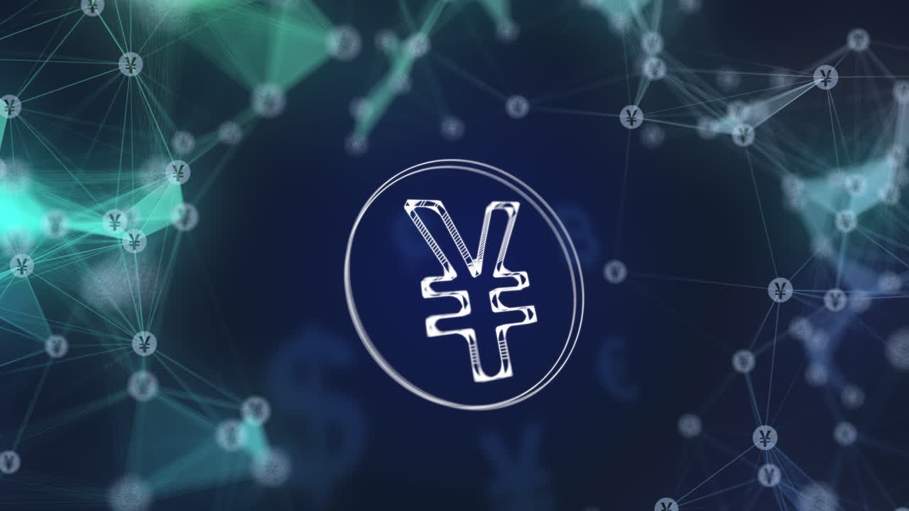 Rotating transparent Japanese yen icon. Abstract blue animated 3D background with symbols of currency signs and plexus lines. Japanese currency.