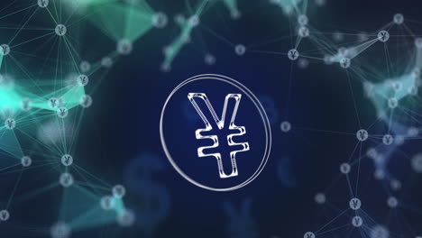 rotating transparent japanese yen icon. abstract blue animated 3d background with symbols of currency signs and plexus lines. japanese currency.