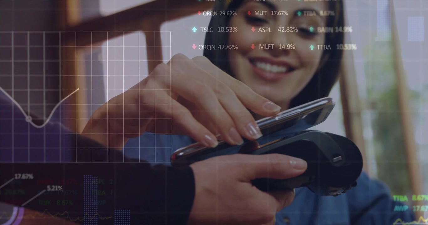 Animation of financial data processing over diverse people paying with smartphone