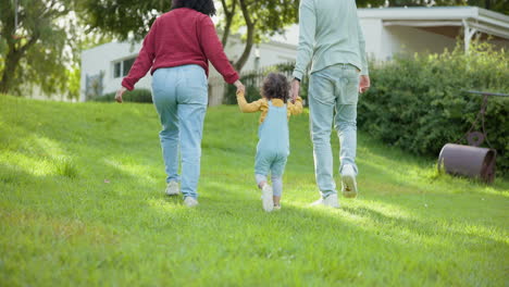 Family,-walking-and-parents-support-a-child