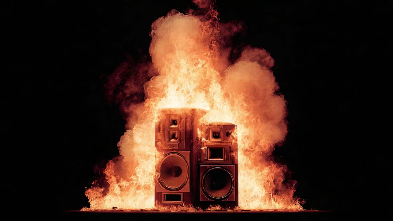 Uno spettacolo di fuoco spettacolare che avvolge altoparlanti giganti con fiamme e fumo ondeggianti, creando una scena intensa di vibrazioni urbane ed energia.