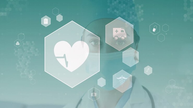 animación de latidos cardíacos e iconos médicos sobre una doctora caucásica con máscara facial