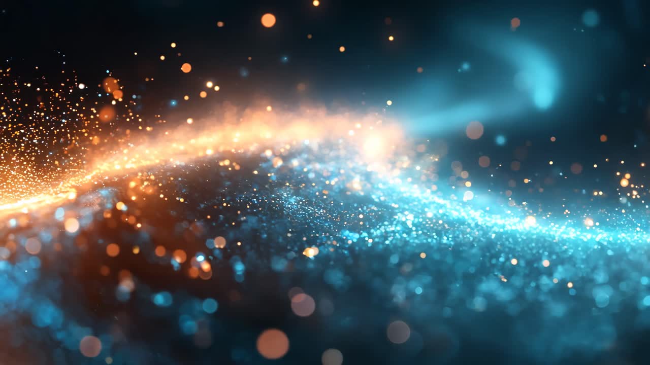 A colorful galaxy with a bright blue line that runs through it. The blue line is surrounded by orange and blue stars, creating a beautiful and vibrant scene