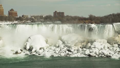 Hermosa-Vista-Estática-De-Las-Cataratas-Del-Niágara-Sobre-Rocas-Heladas-En-Invierno