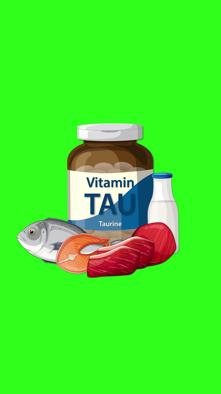 Un flacone di integratore di taurina appare con pesce, carne, latte su uno sfondo verde brillante, con transizioni fluide