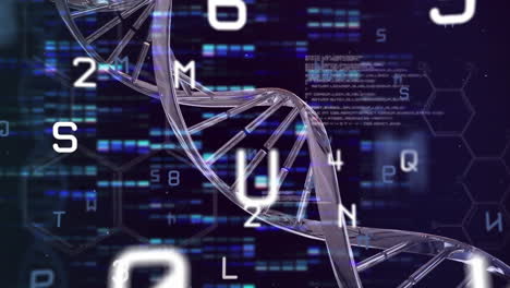 animation of floating numbers over spinning dna strain on black background