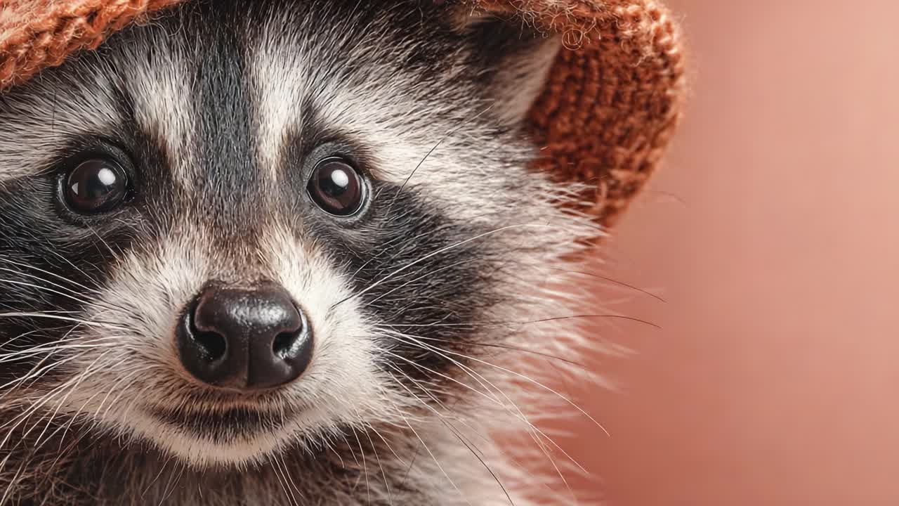 Adorable Raccoon with a Cozy Hat: Captured Moments of Playful Charm in a Close-Up Showcase of Its Endearing Features and Expressions