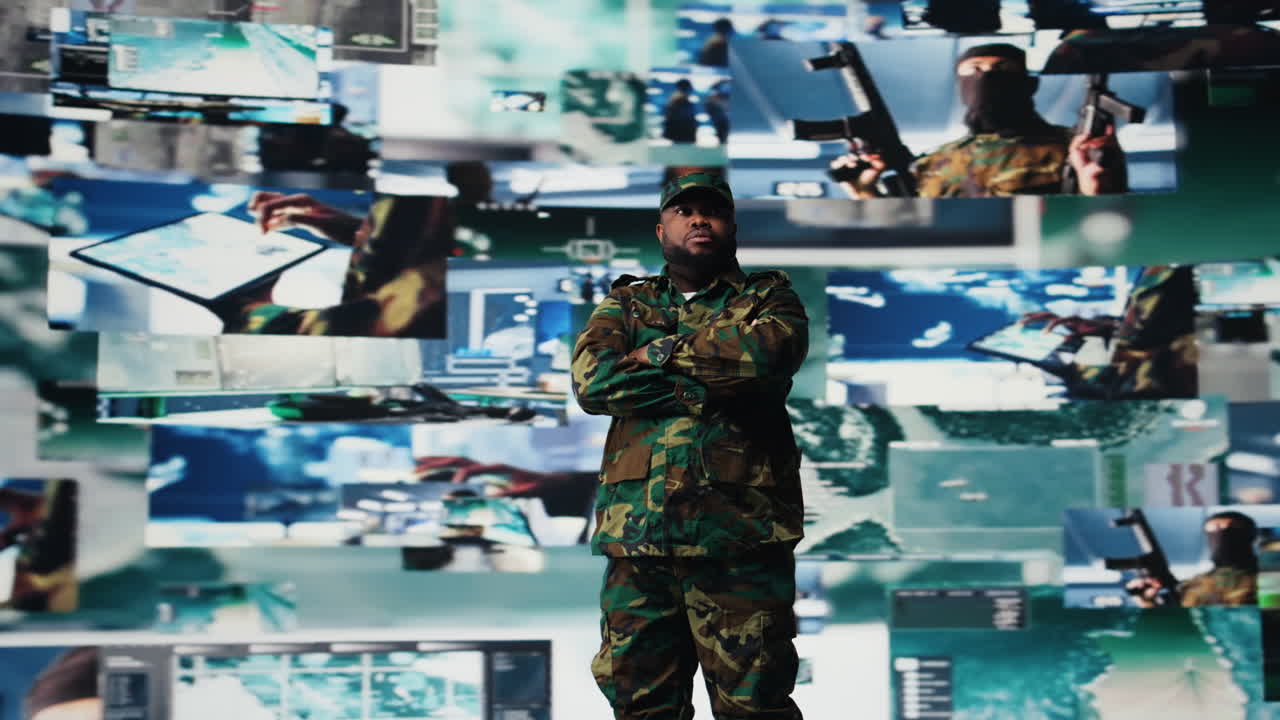 Black soldier operating in a virtual war zone using digital technology