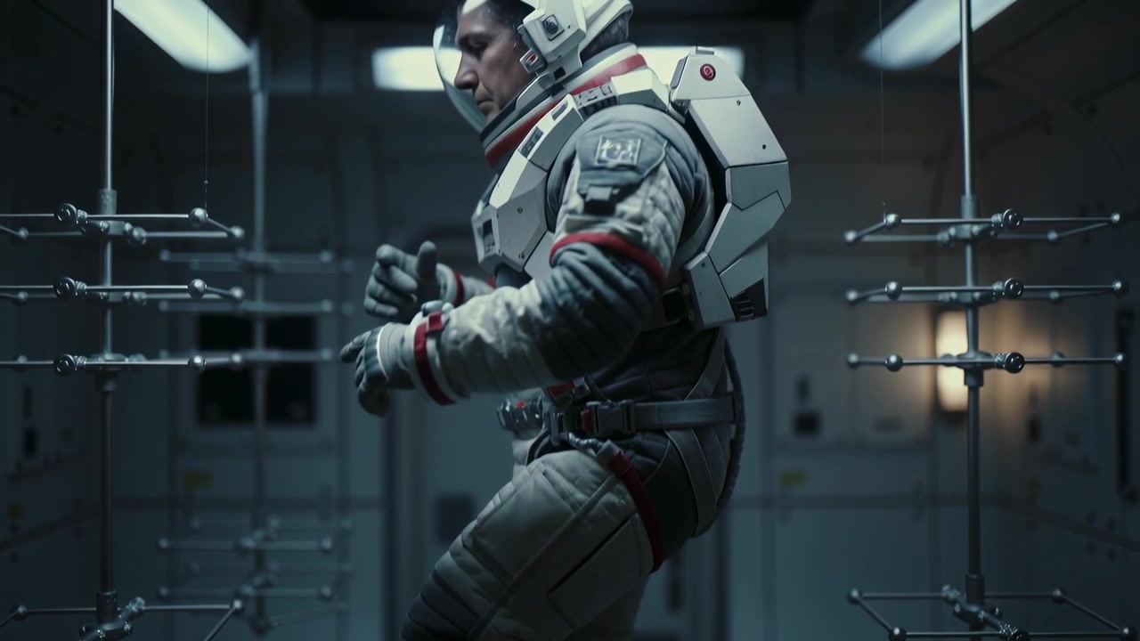 Câmera panorâmica mostrando astronauta uniformizado se reorientando e estendendo a mão para acessar o painel no módulo