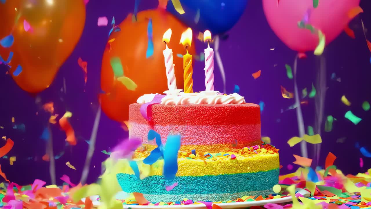 Colorful confetti falling on a rainbow layered birthday cake with lit candles and balloons in the background, creating a festive atmosphere