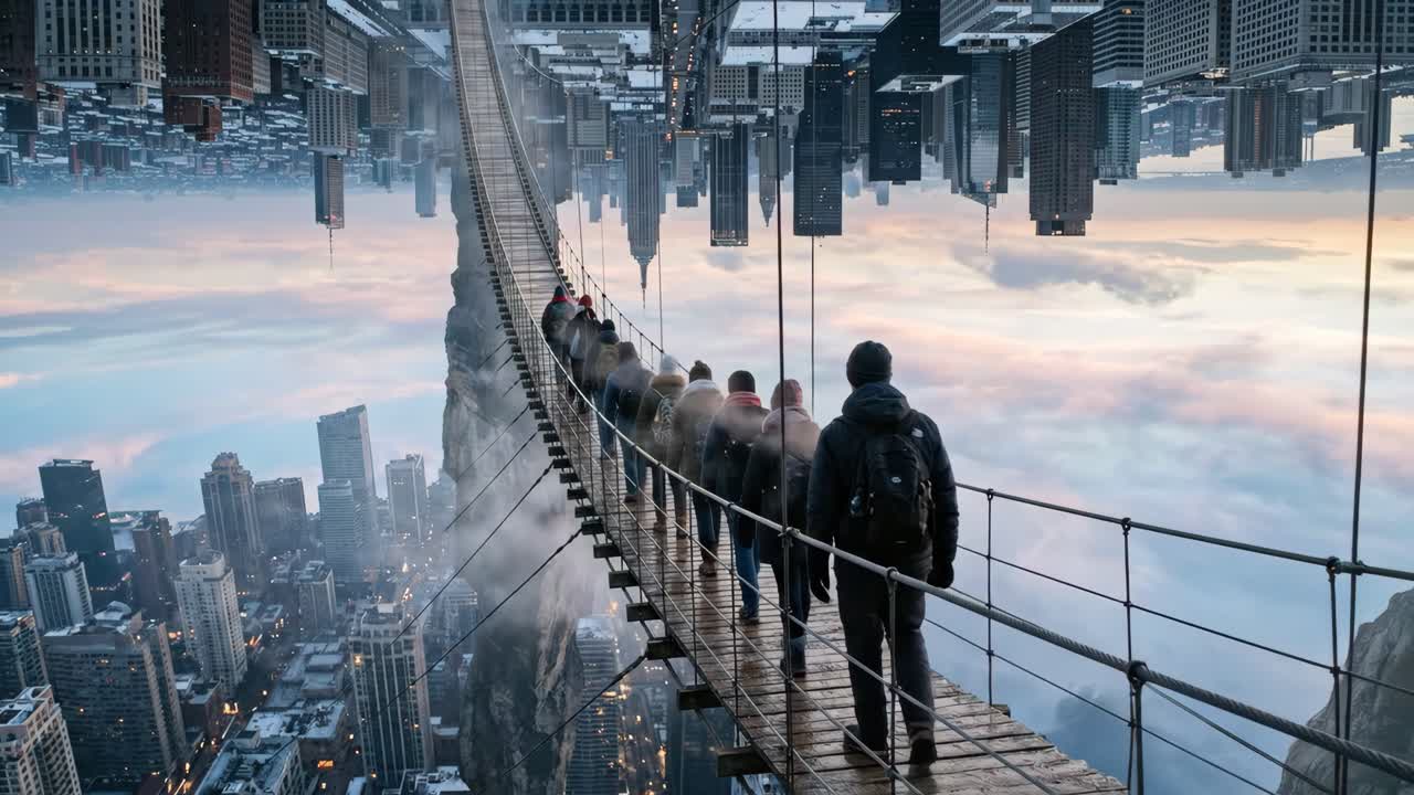 People Walk on a Suspension Bridge Between Inverted Cityscapes