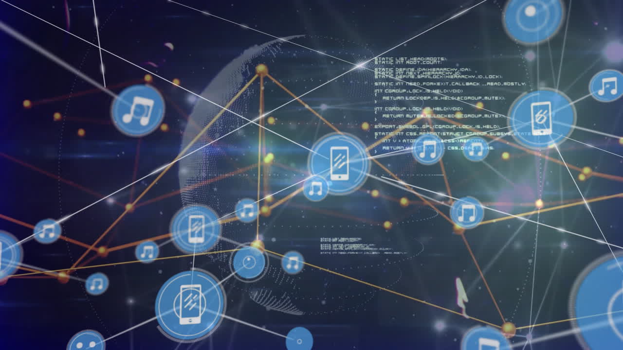 Animation of network of connections with device icons over globe on dark background