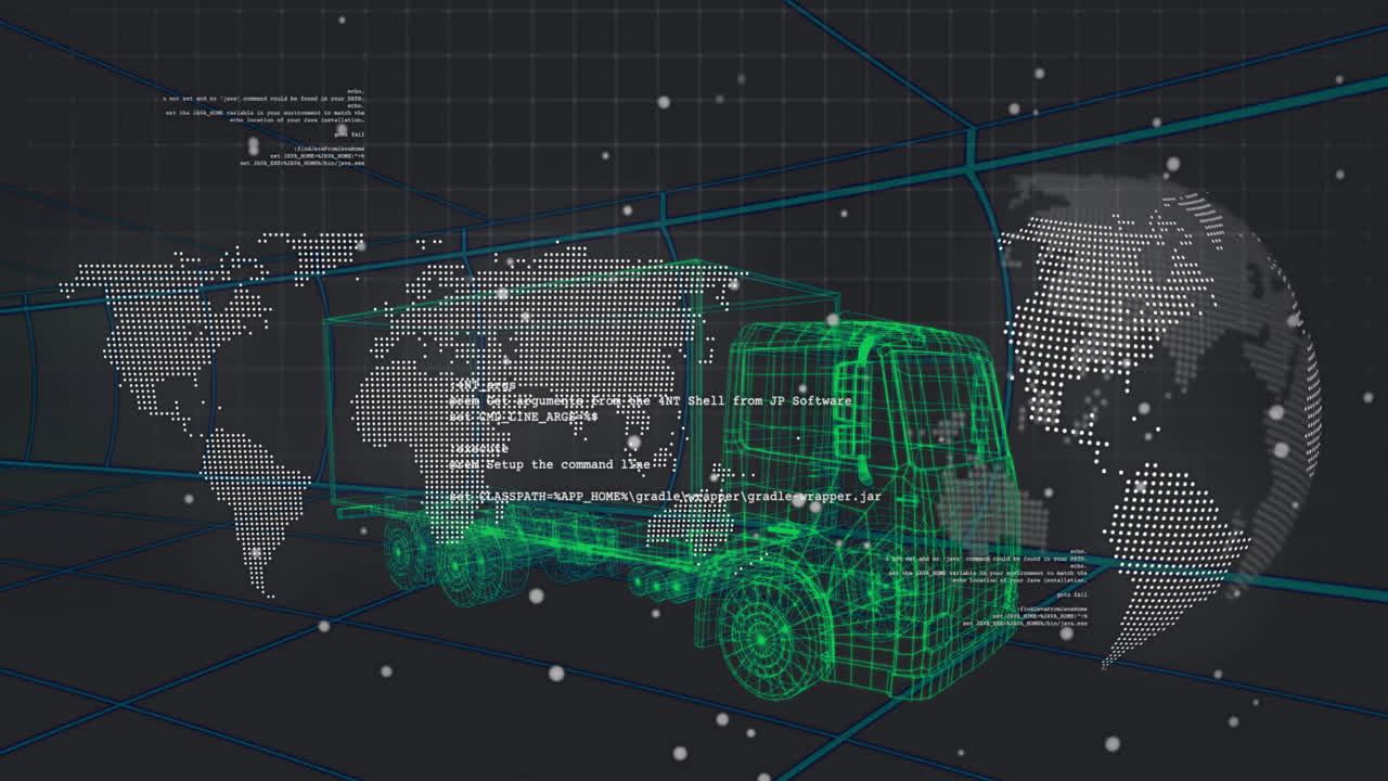 Green wireframe semi-truck floating across virtual 3D grid, displaying global map and code streams