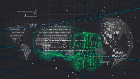 green wireframe semi-truck floating across virtual 3d grid, displaying global map and code streams