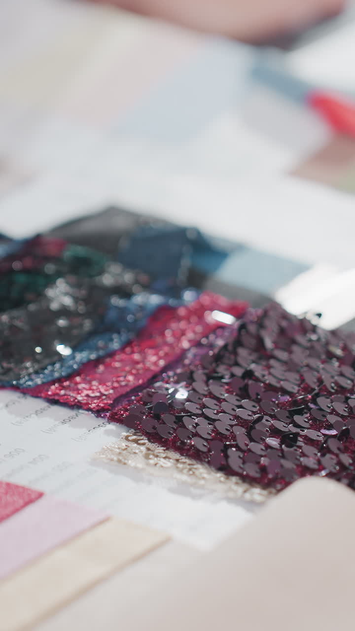 Model tests textures and colors for show, Stylist organizes samples and textures for runway presentation, Collaborative process of selecting and layering materials for upcoming fashion showcase