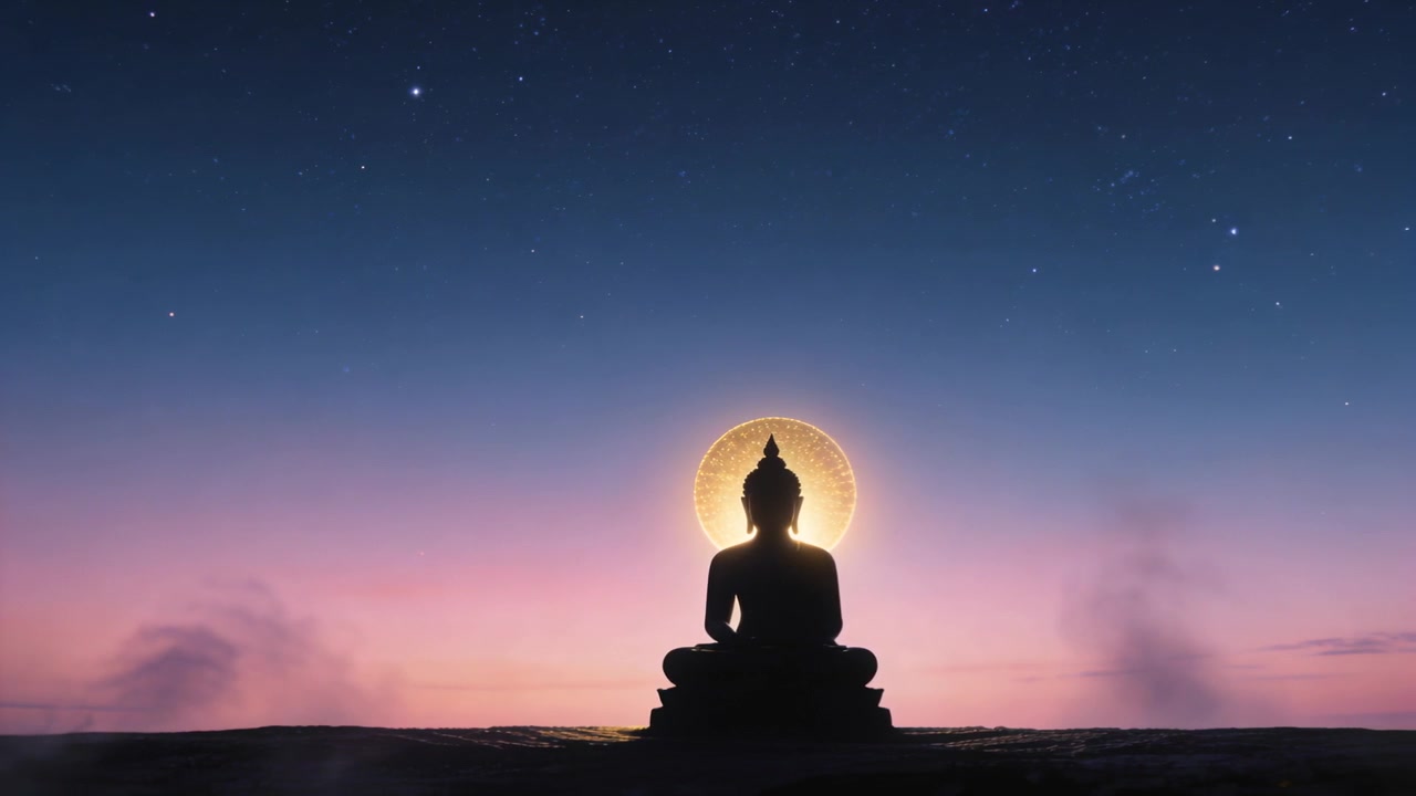 Il crepuscolo che cala avvolge una statua di Buddha ammantata su una roccia all'orizzonte, con un'aureola luminosa, stelle e foschia alla deriva.