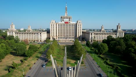 cinematic aerial view of the house of the free press building in bucharest, romania, europe, casa presei