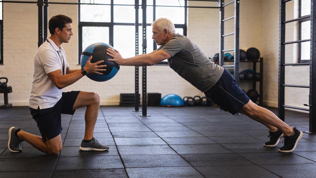 Knælende træner i hvid polo tilbyder medicinbold, ældre klient rækker ud for at styrke core i fitnesscenter.