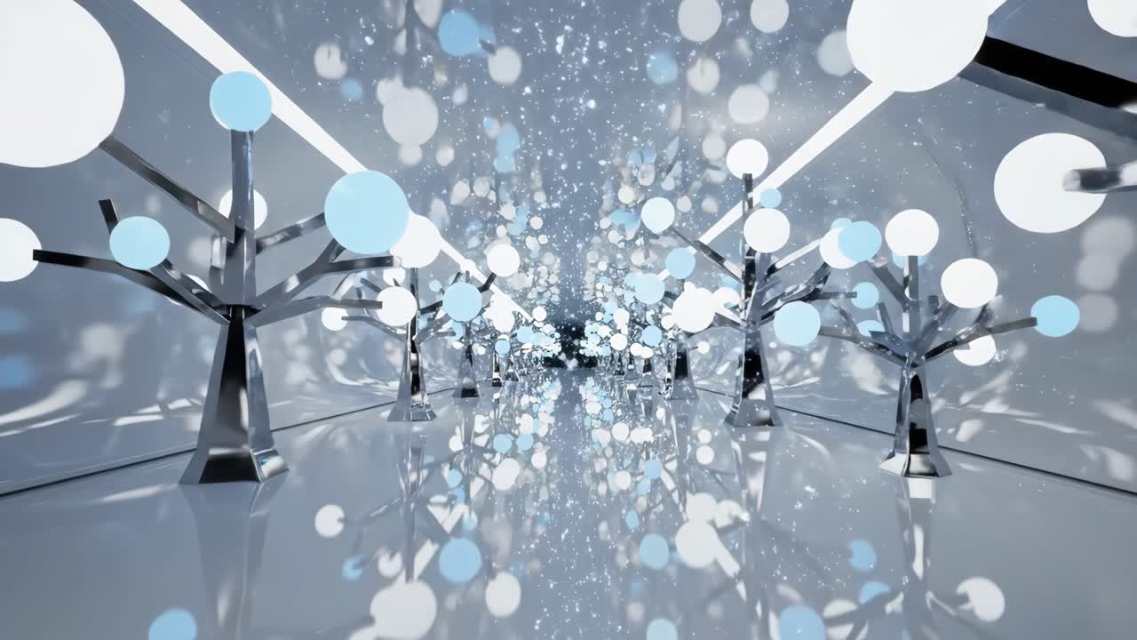 Abstract Tunnel with Glowing Trees and Spheres