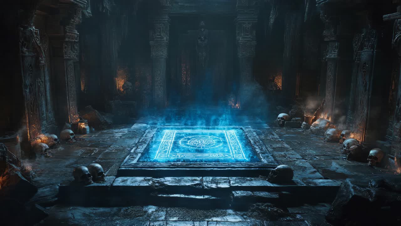 Ancient Frozen Temple with Glowing Magic Circle