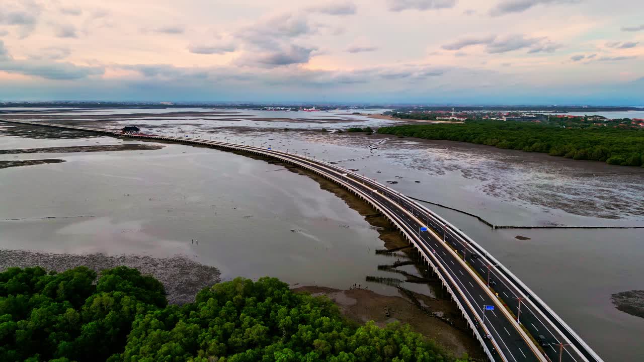 Drone view highlights the Bali Mandara Toll road bridge running over exposed mud at low tide with tropical surroundings in Indonesia showcasing the contrast between modern design and nature