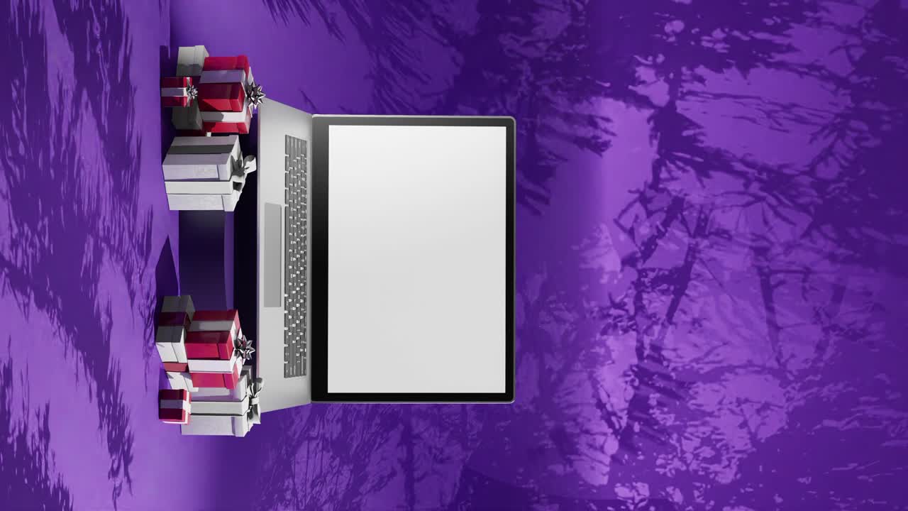 animación de pantalla de portátil con temática navideña y fondo morado vertical.
