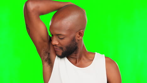 Green-screen,-face-and-black-man-smelling-armpit