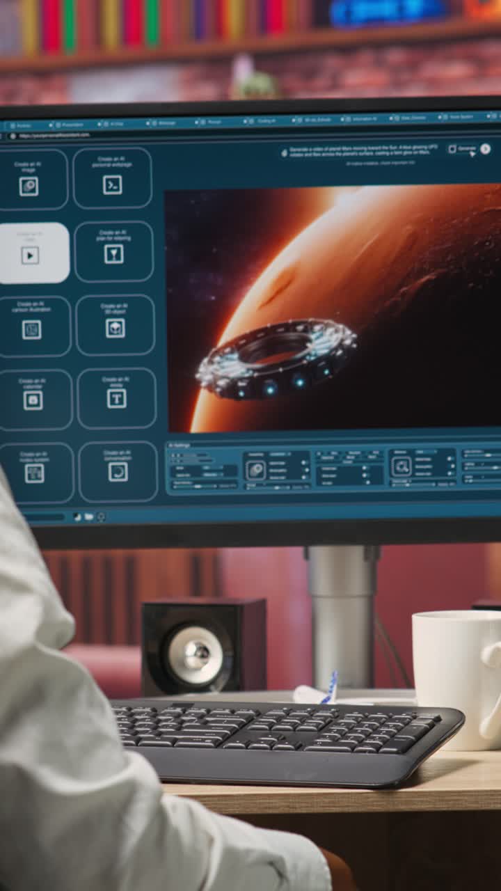 Vertical video Woman using AI program turning text prompt into videos, pleased by results