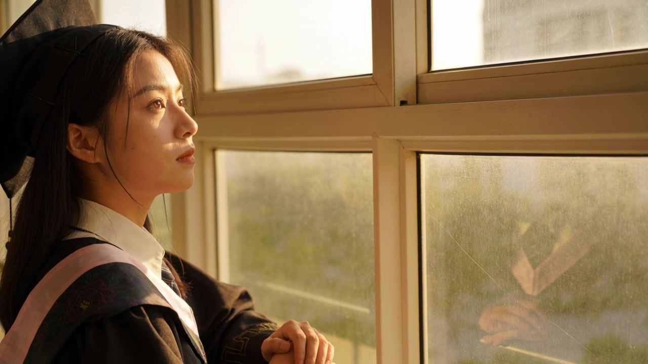햇살을 받으며 가운을 입은 졸업생이 턱을 기울이고 손을 움직이며, 모자와 함께 창문에 비치는 모습. 카피 공간.