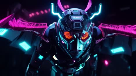 a futuristic robot with glowing neon lights and wings