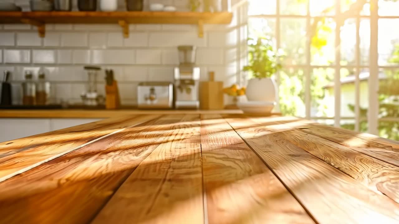 una mesa de madera en una cocina con una vista del exterior
