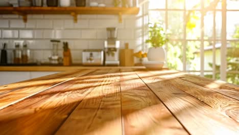 a wooden table in a kitchen with a view of the outside