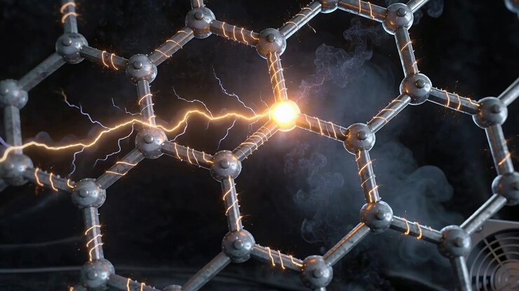 Giunzione di scarico vicino a destra, reticolo esagonale che emette archi arancioni in un laboratorio buio mentre il nodo si illumina