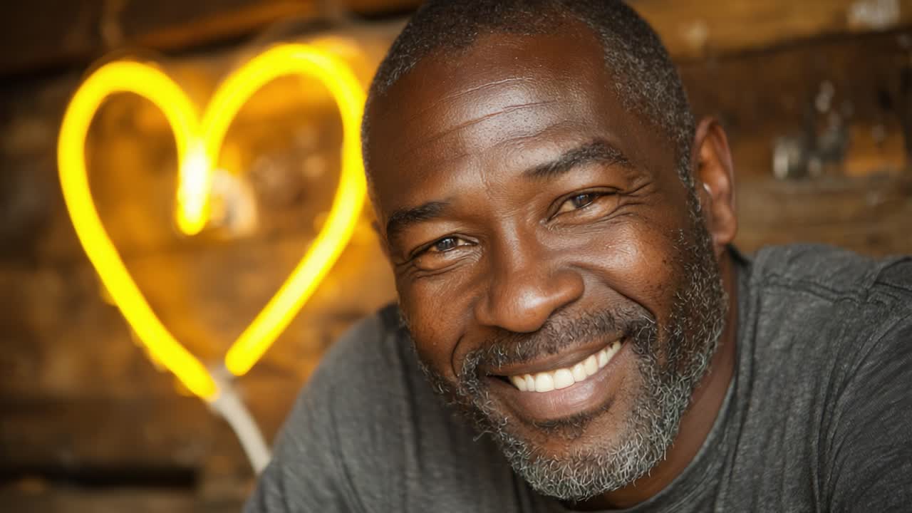 Un momento di gioia catturato: un uomo sorridente irradia felicità su uno sfondo caldo con un cuore al neon, che riflette un'atmosfera positiva e amorevole in un ambiente accogliente