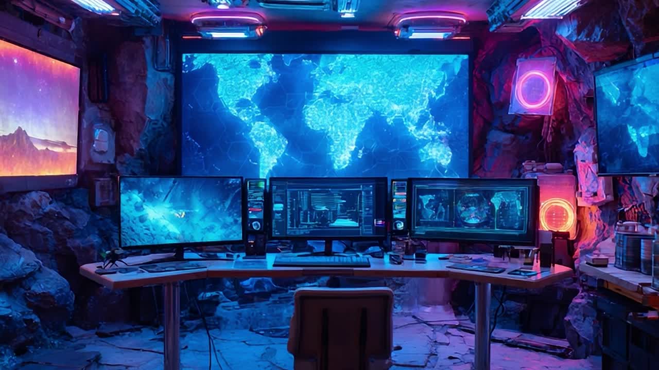 High-tech workspace with multiple screens and a digital world map backdrop
